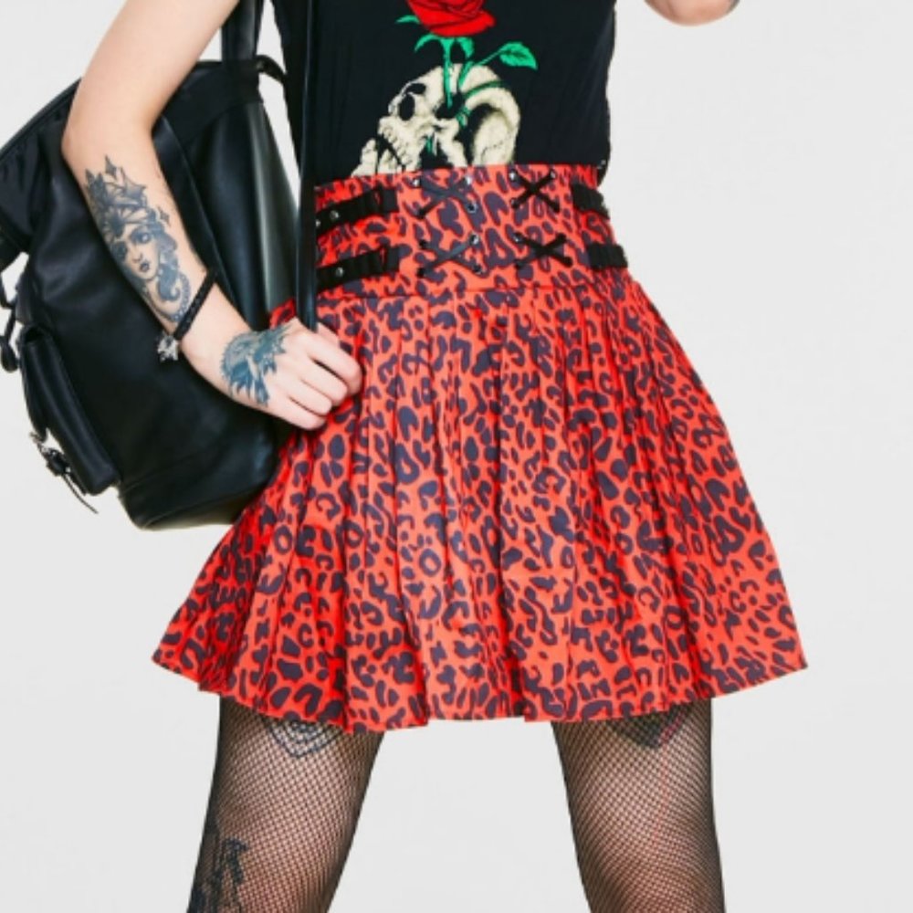 Jawbreaker Red Leopard Print Studded Punk Cosplay Skirt - Picture 1 of 10